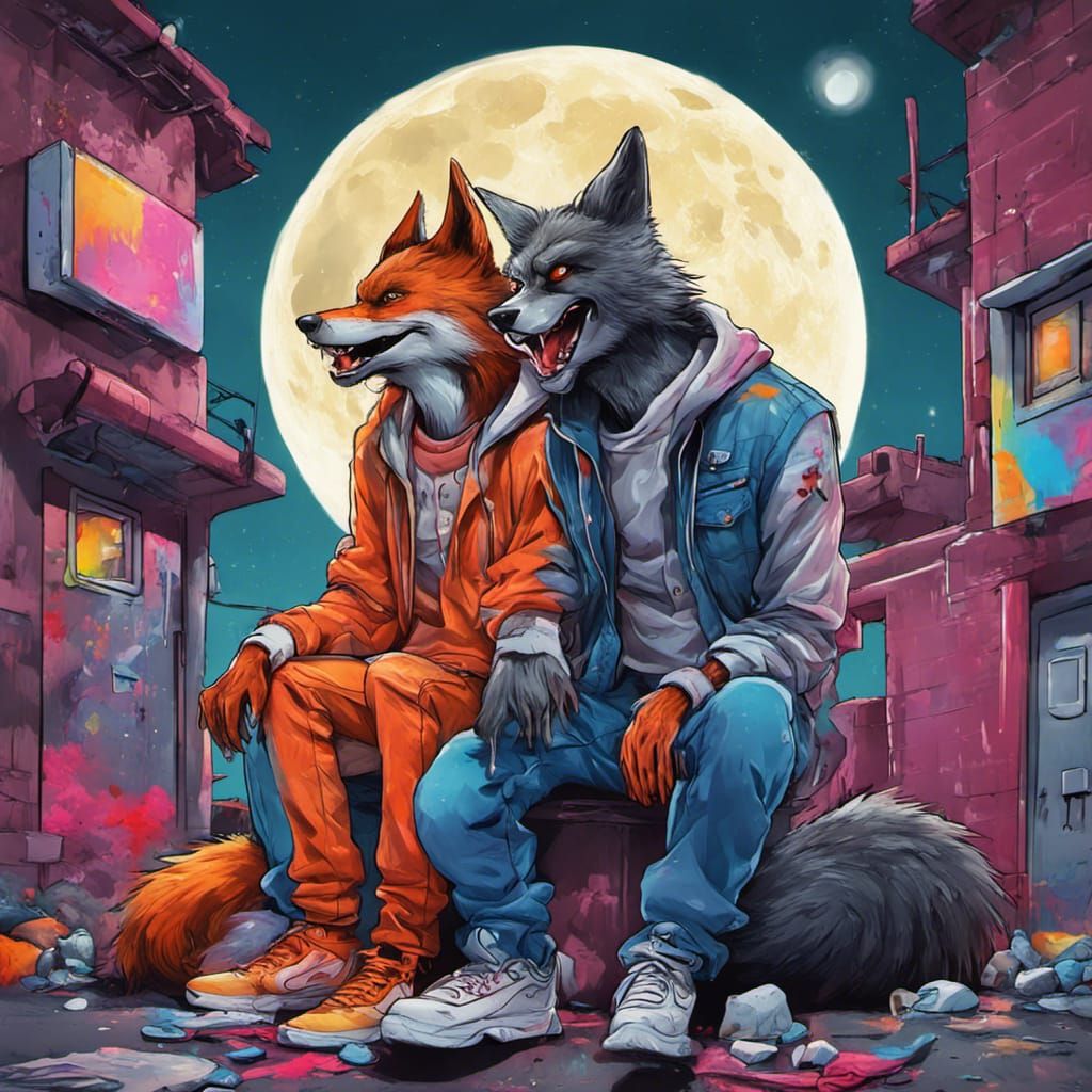 Werewolf and Fox Creature: Graffiti-Style Splash Art