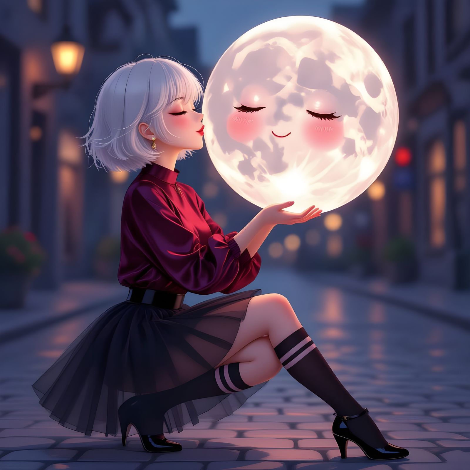 Woman Kisses Anthropomorphic Moon in Dreamlike Cityscape
