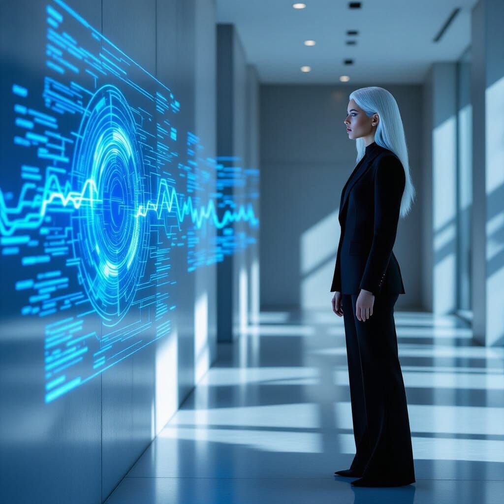 Avant-Garde Woman with White Hair in Futuristic Office