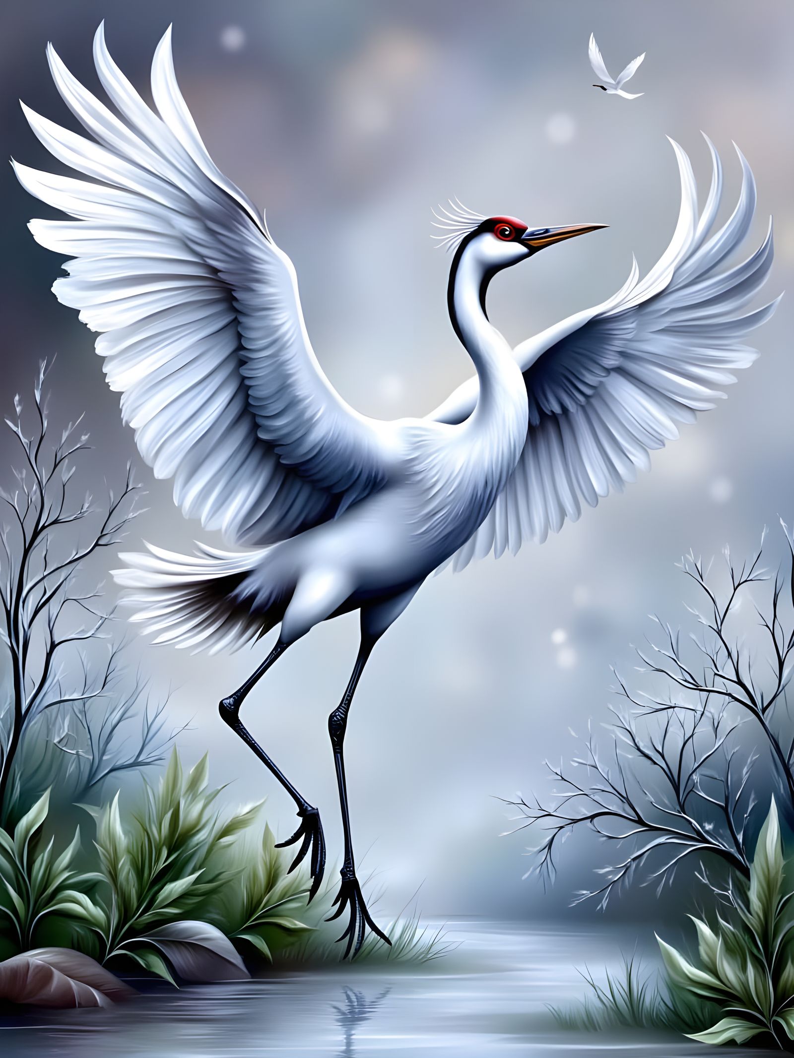 Soft Winter Crane Takes Flight