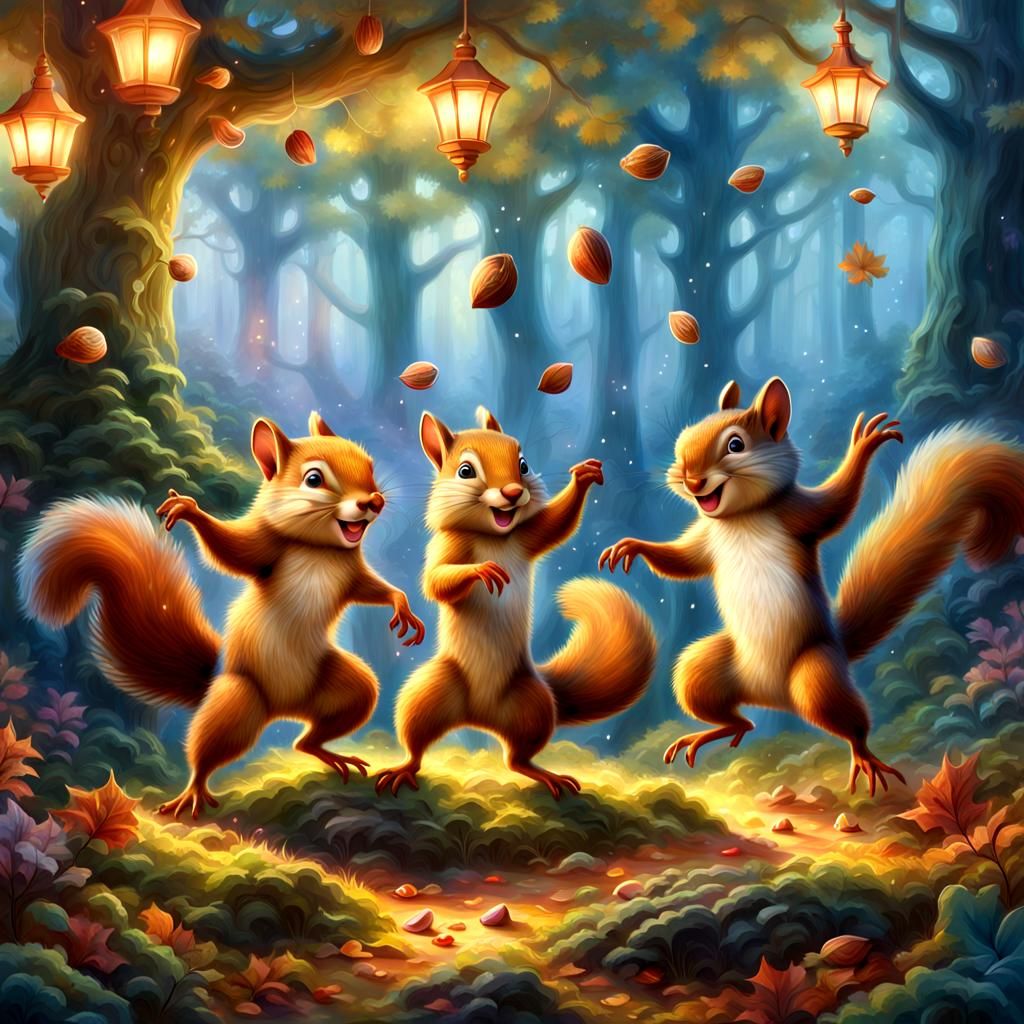 Dancing Squirrels in Magic Forest, Cartoon Style