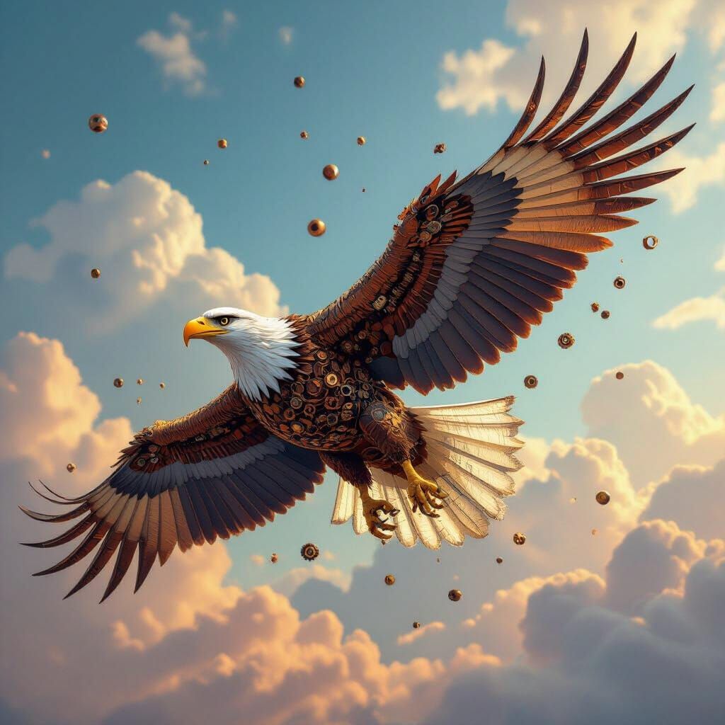 Metallic Eagle Soars Through Vibrant Sky in Digital Matte Pa...