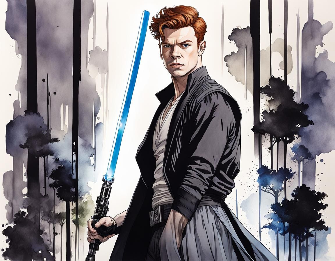 Cal Kestis Lightsaber Ink Drawing in Cel-Shaded Style