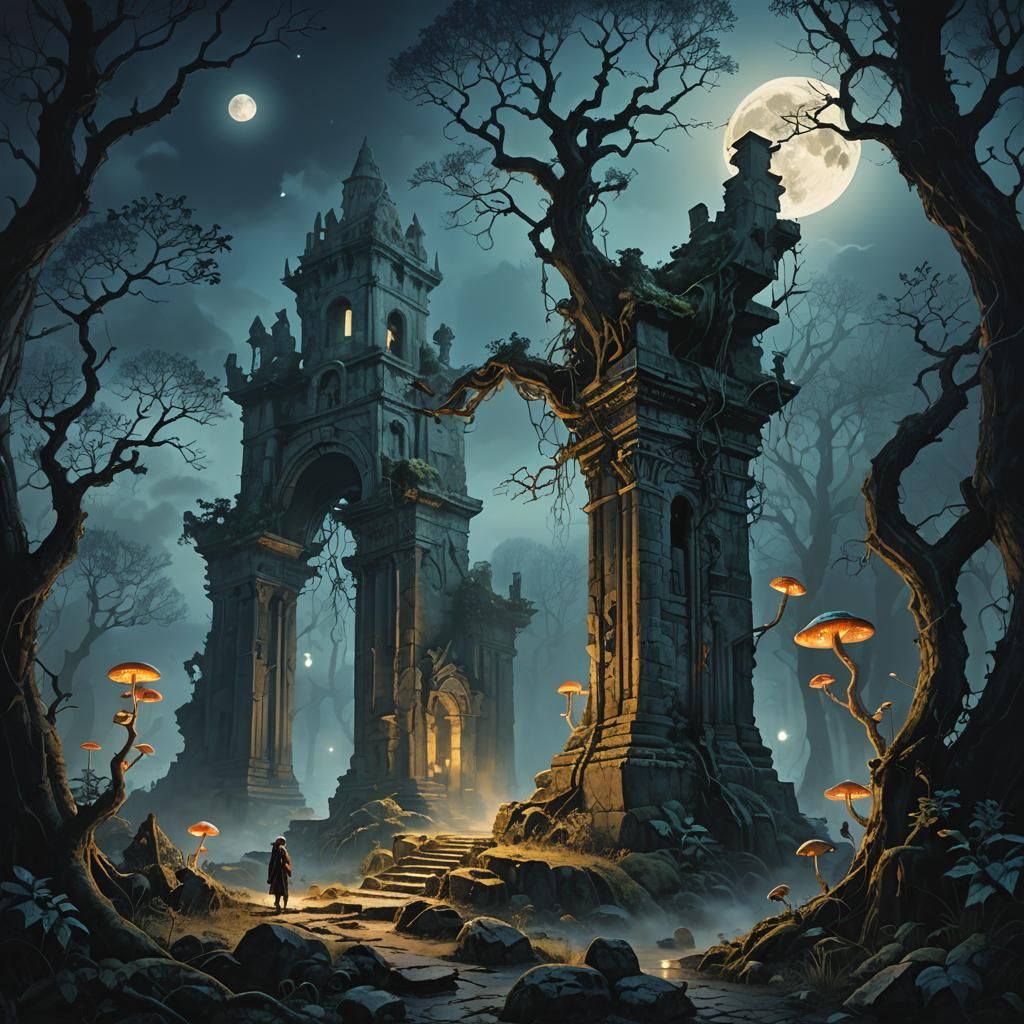 Mystical Forest with Glowing Mushrooms in Fantasy Art