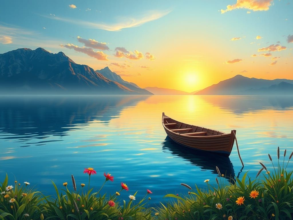 Sunrise Over Serene Lake in Impressionist Style