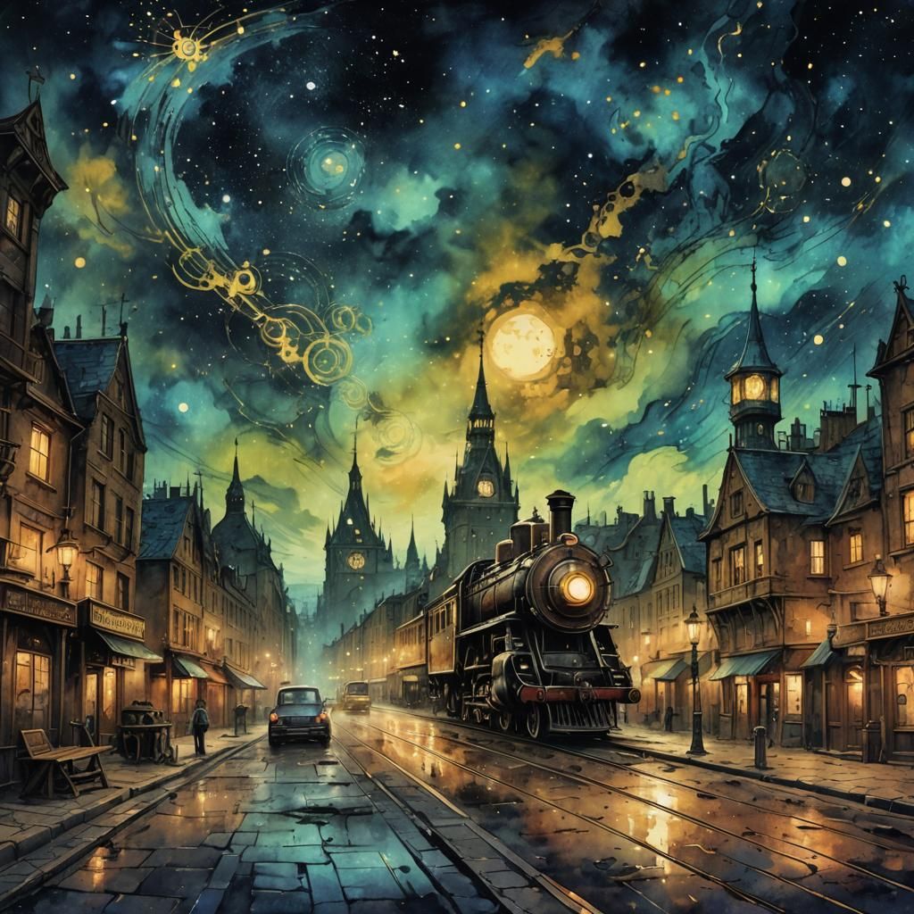 Starry Night Steampunk Ink Painting on Crumpled Paper