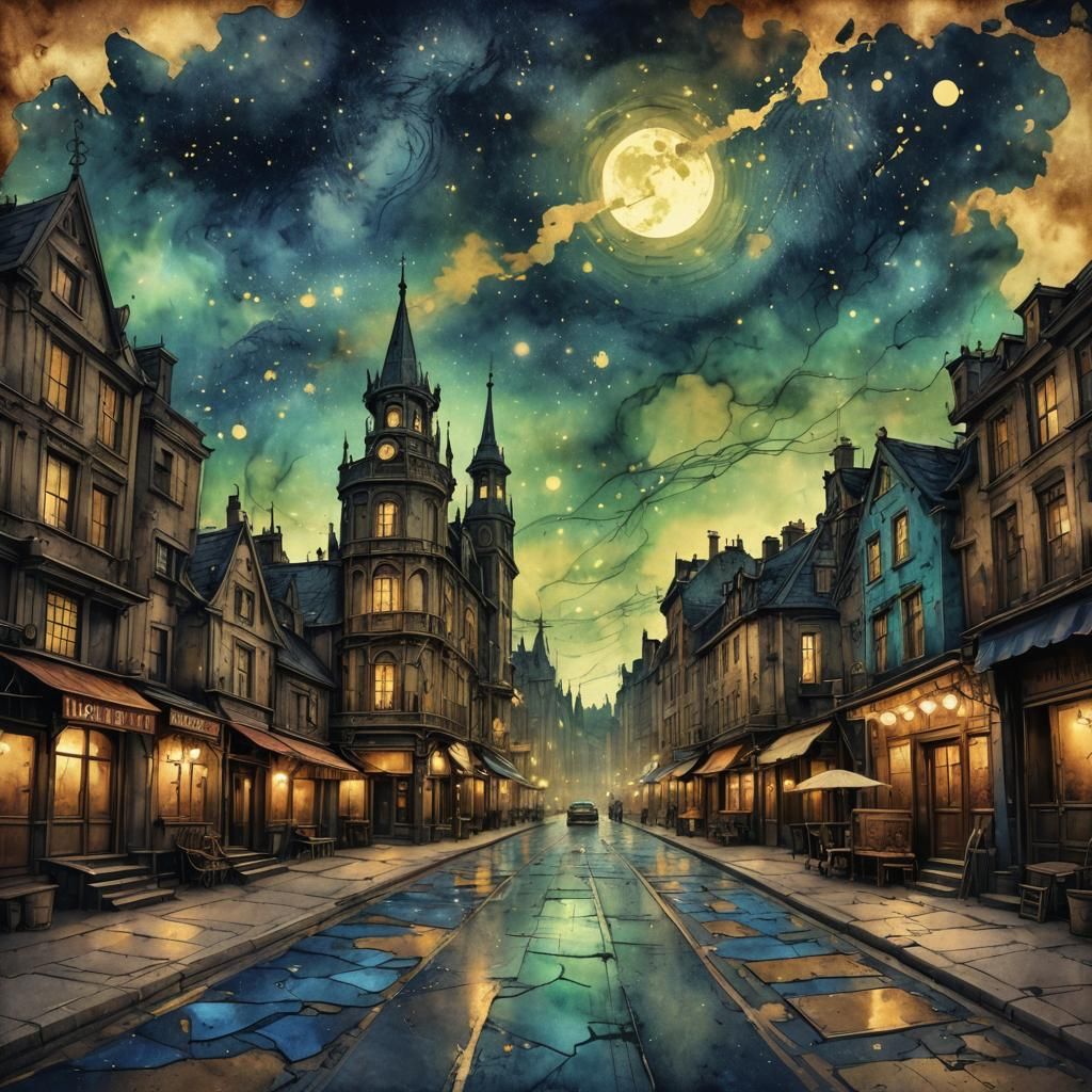 Starry Night Steampunk Ink Painting in London