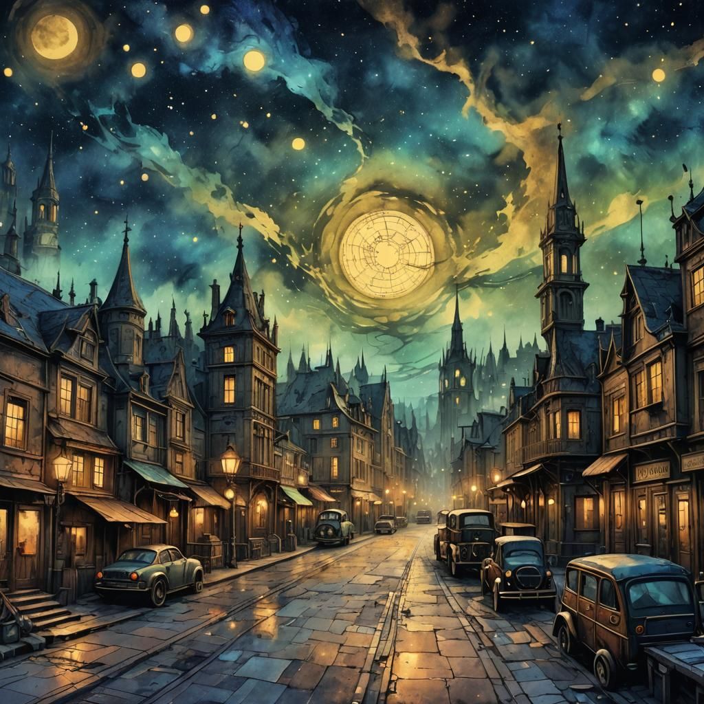 Steampunk Starry Night in Ink Painting Style