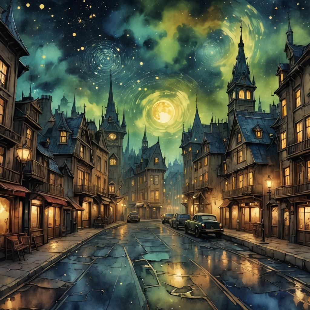 Starry Night Ink Painting with Steampunk Elements