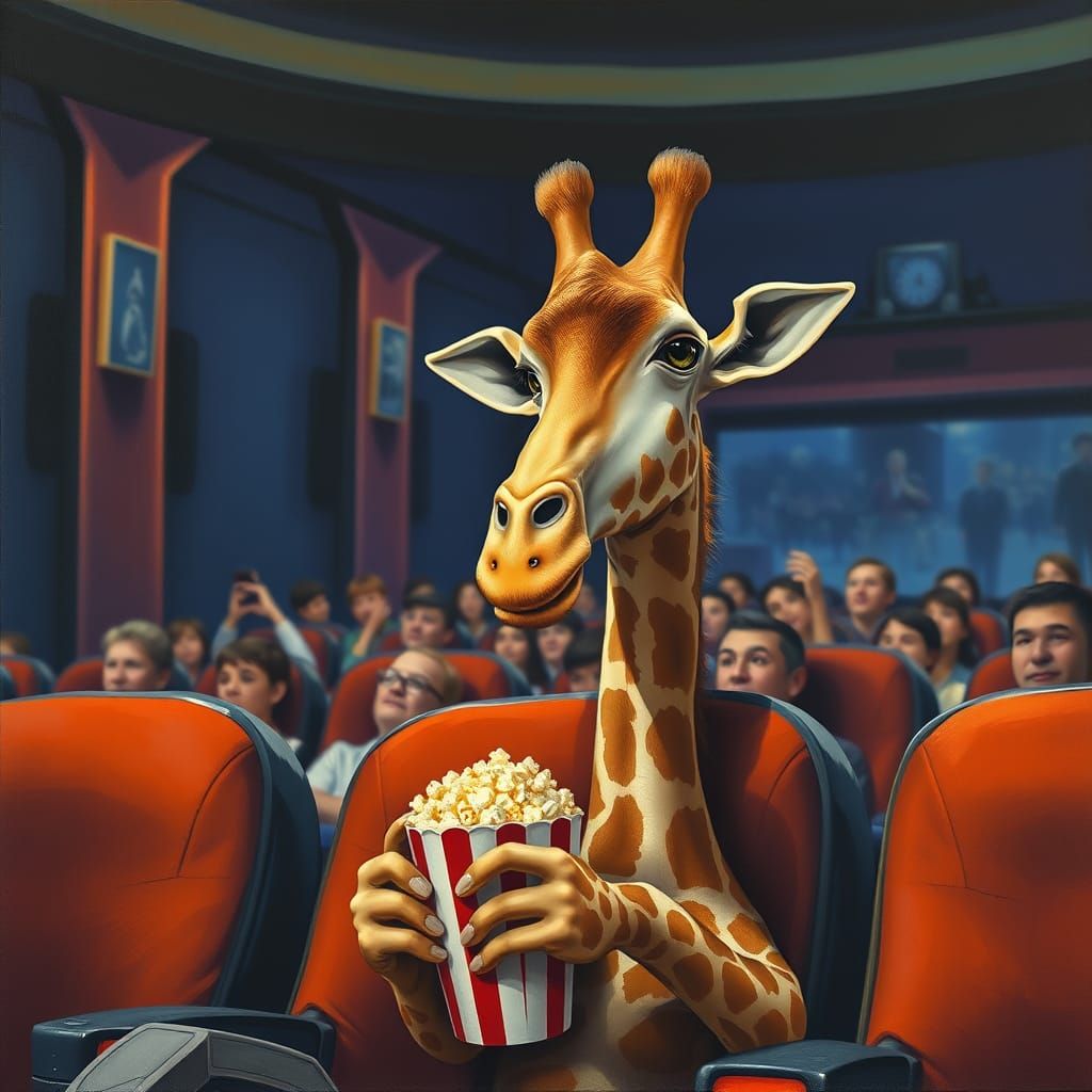Giraffe Enjoys Cinema Night in Whimsical Oil Painting