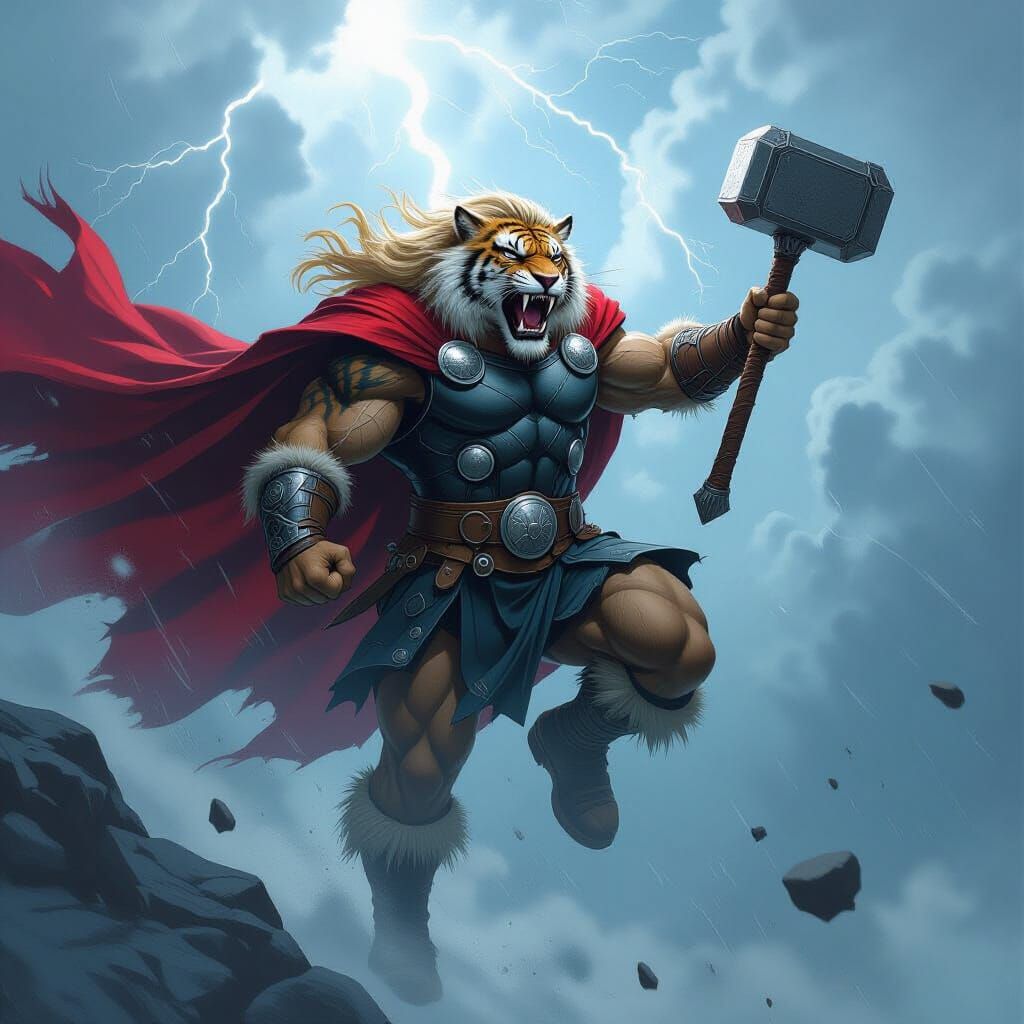 Sabertooth Tiger as Thor Soaring Through Storm