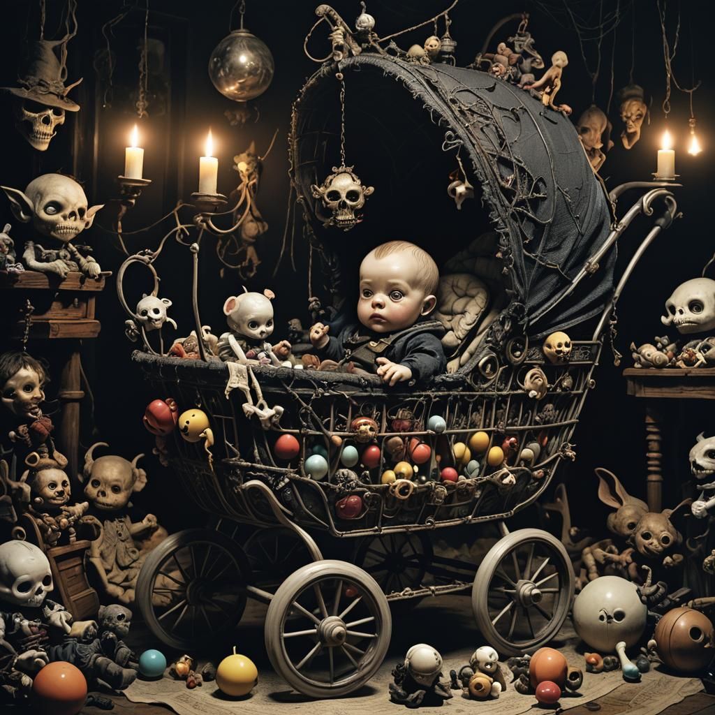Eerie Baby Buggy in Surreal Macabre Setting