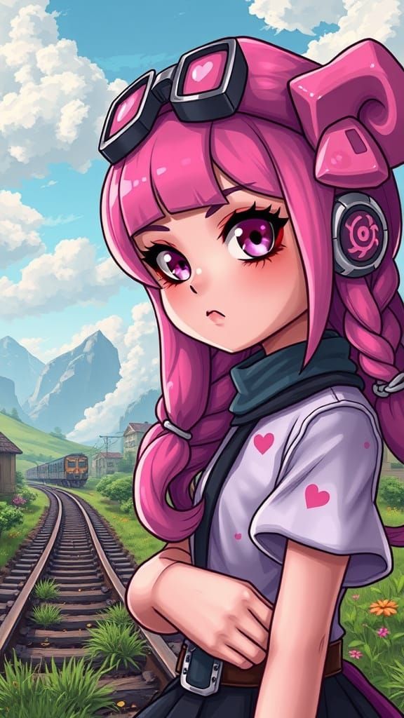 Lady Gummy Girl in a Fantastical Countryside Train Scene