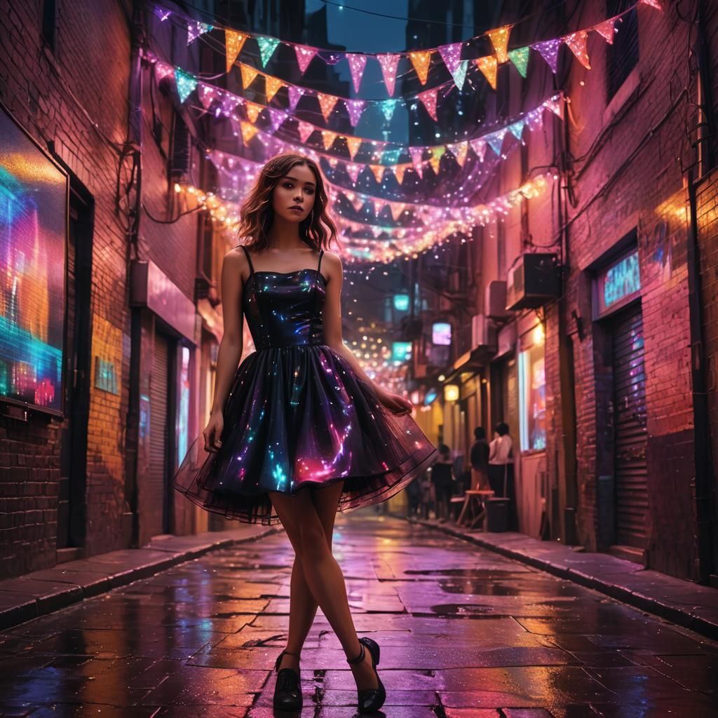 Girl with TV Head in Dim Alleyway, Digital Art