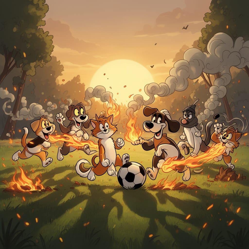 Cats and Dogs Play Soccer, Shooting Fire From Hands
