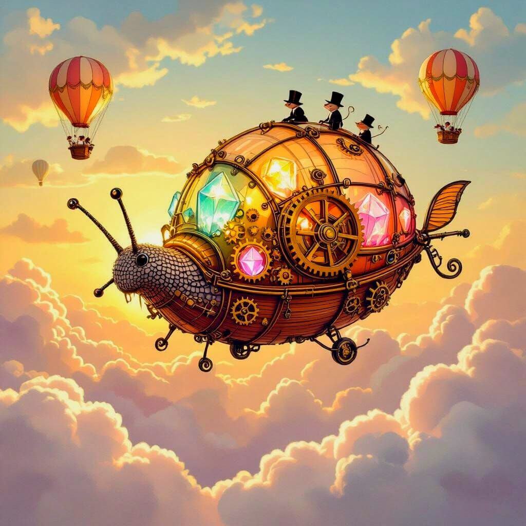 Whimsical Airship Snail Floating Through Cotton Candy Clouds