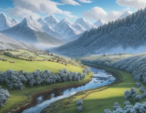 Photorealistic Landscape with Rolling Hills and Mountains