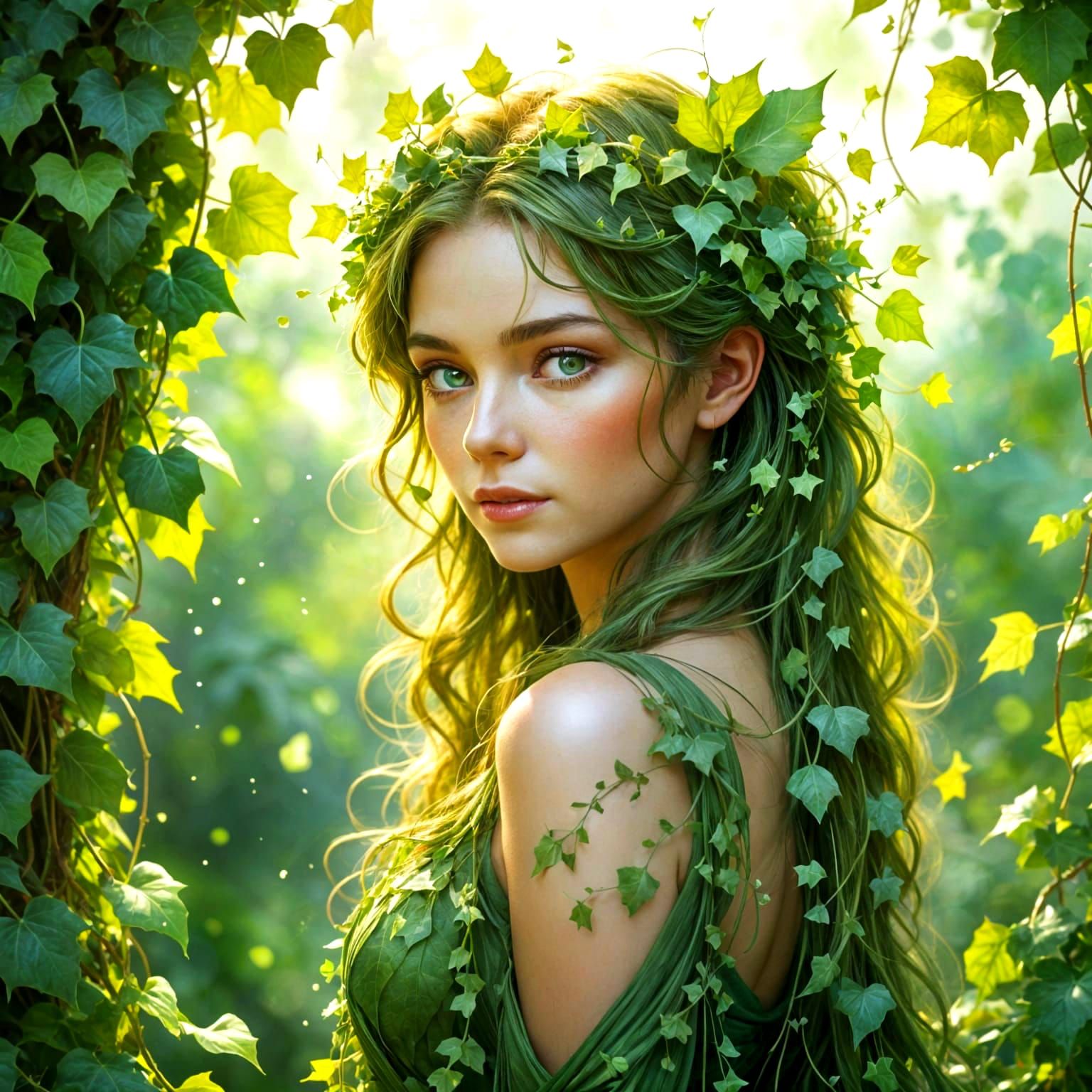 Woman with Ivy Hair in Forest, Watercolor Art
