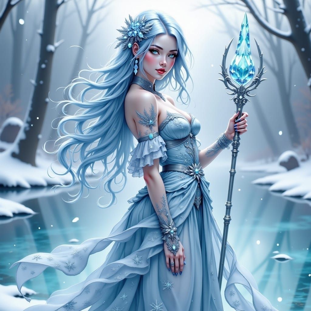 Icy Anime Woman on Frozen Lake in Pin-up Style