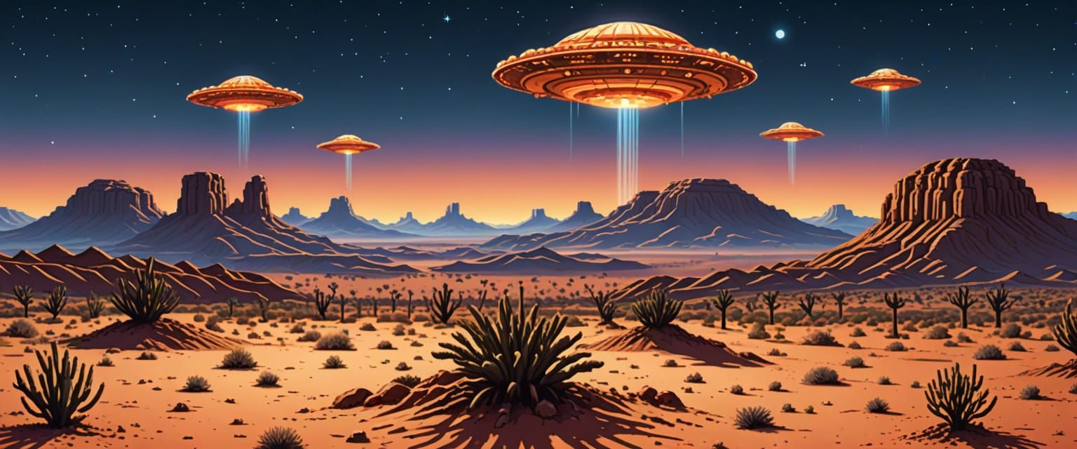 UFOs Over Desert in 3D 8-bit Diorama