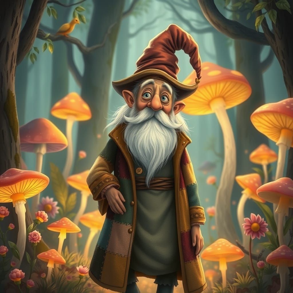 Whimsical Old Man in Magical Storybook Forest