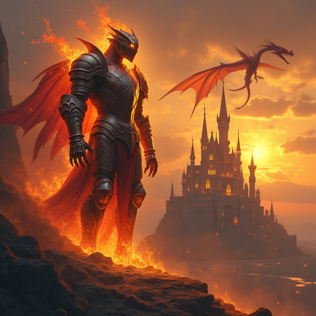 Fiery Knight Guarding Fairy Castle at Sunset