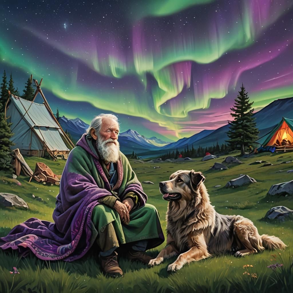 Man and Dog Watching Northern Lights Display