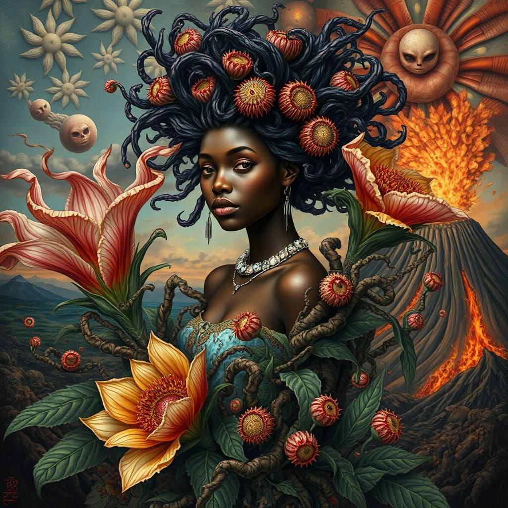 African Woman with Sea Urchin Hair and Giant Flowers