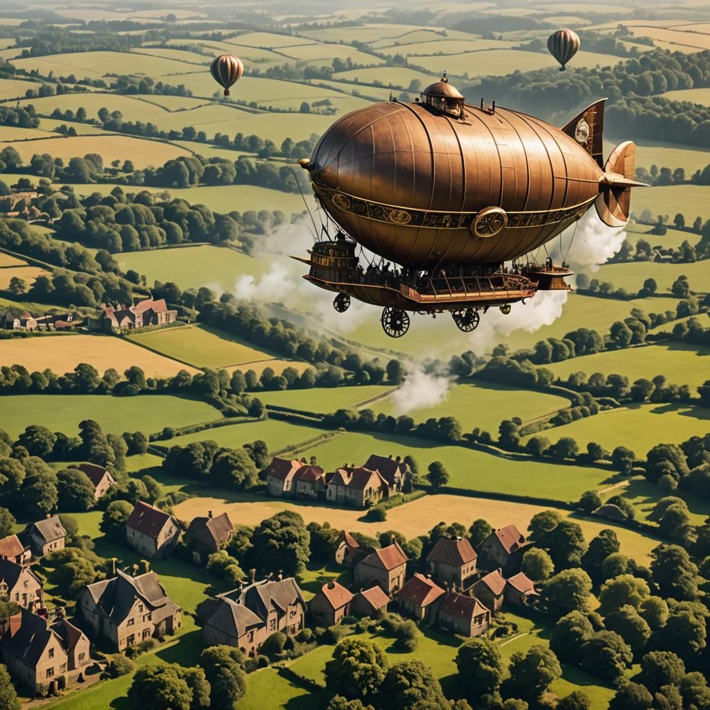 Victorian Steampunk Airship Over Countryside