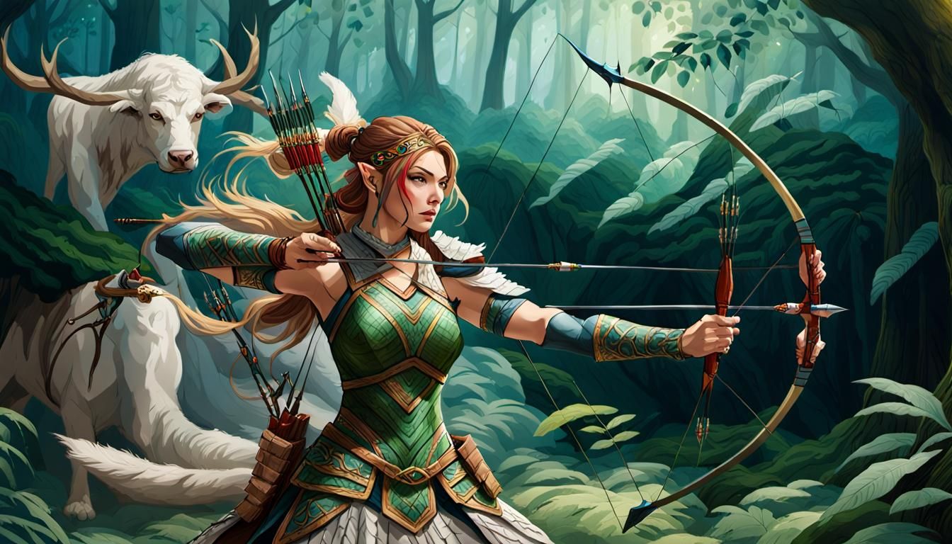 a female warrior practicing archery in a lush, dense forest. She is poised in a dynamic stance, ready to release an arro...