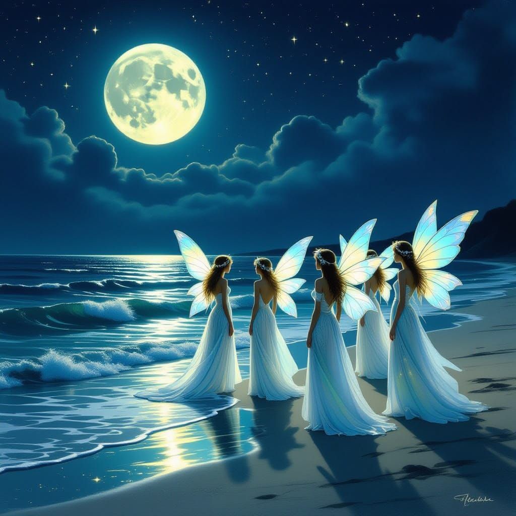 Gathering of Moonlit Fairies on a Serene Beach