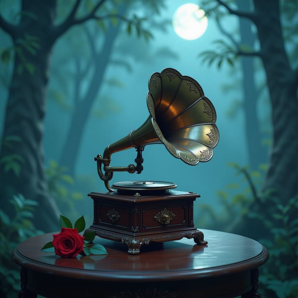 Enchanted Forest Gramophone with Rose, Fantasy Concept Art