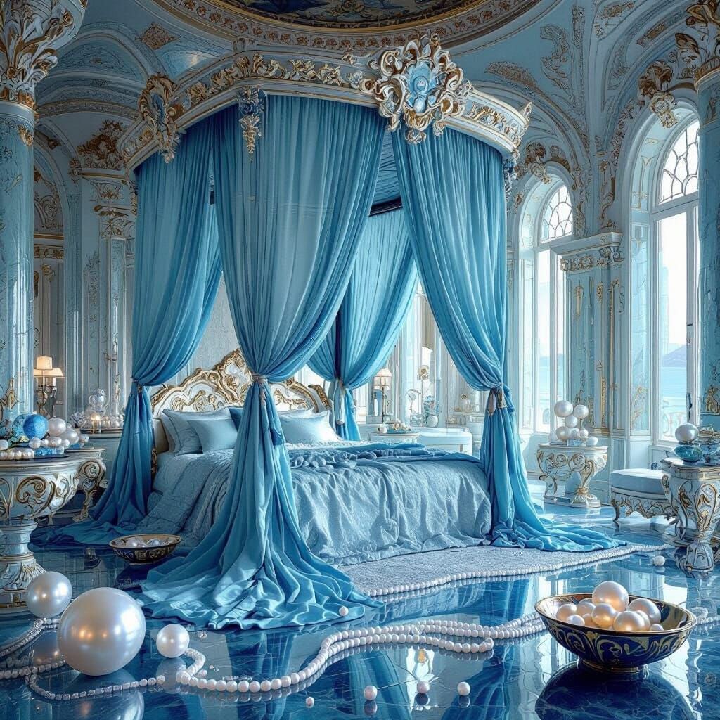 Opulent Sea-Themed Hall with Majestic Bed and Pearls