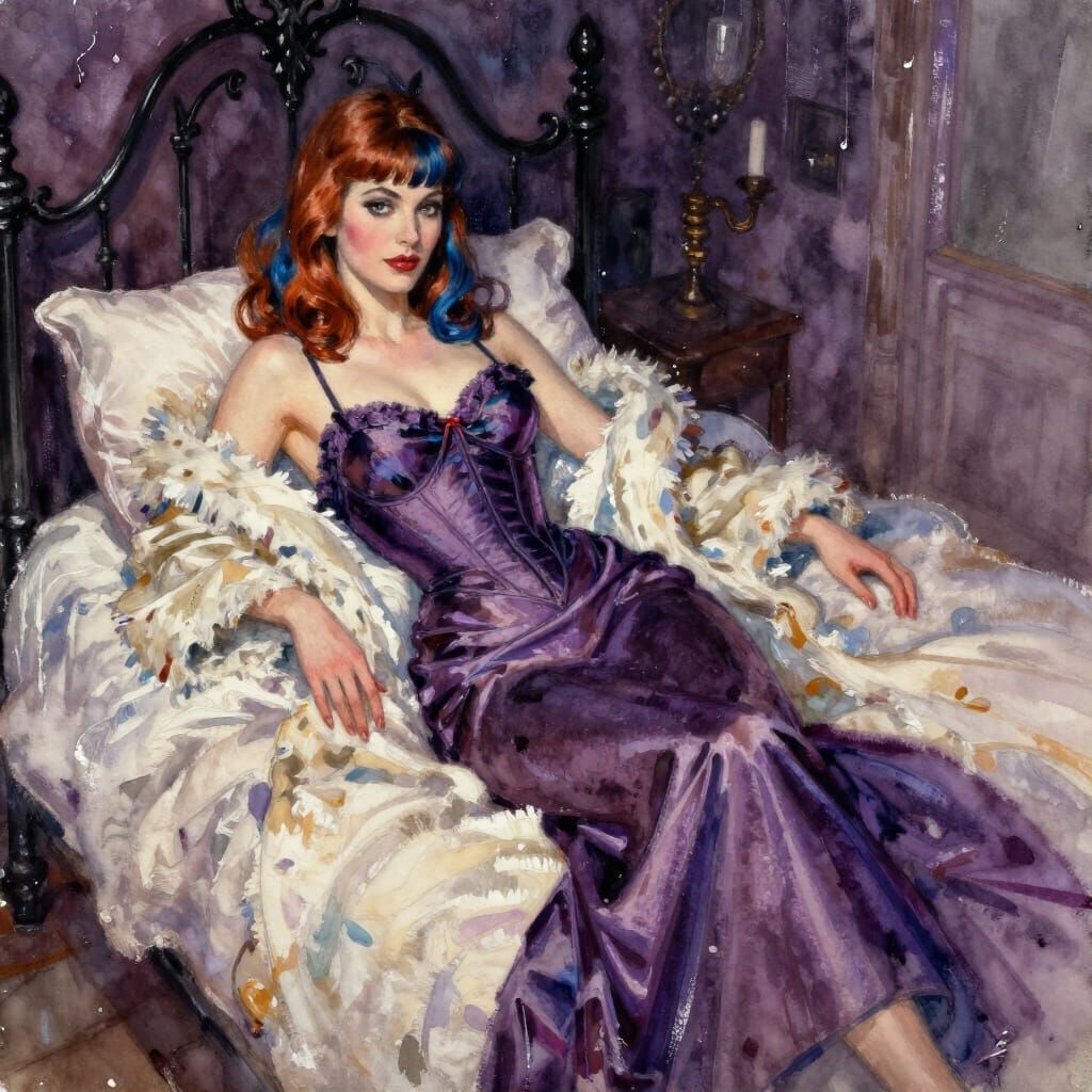 Gothic Pin-Up Woman in Silky Robe, Watercolor Style