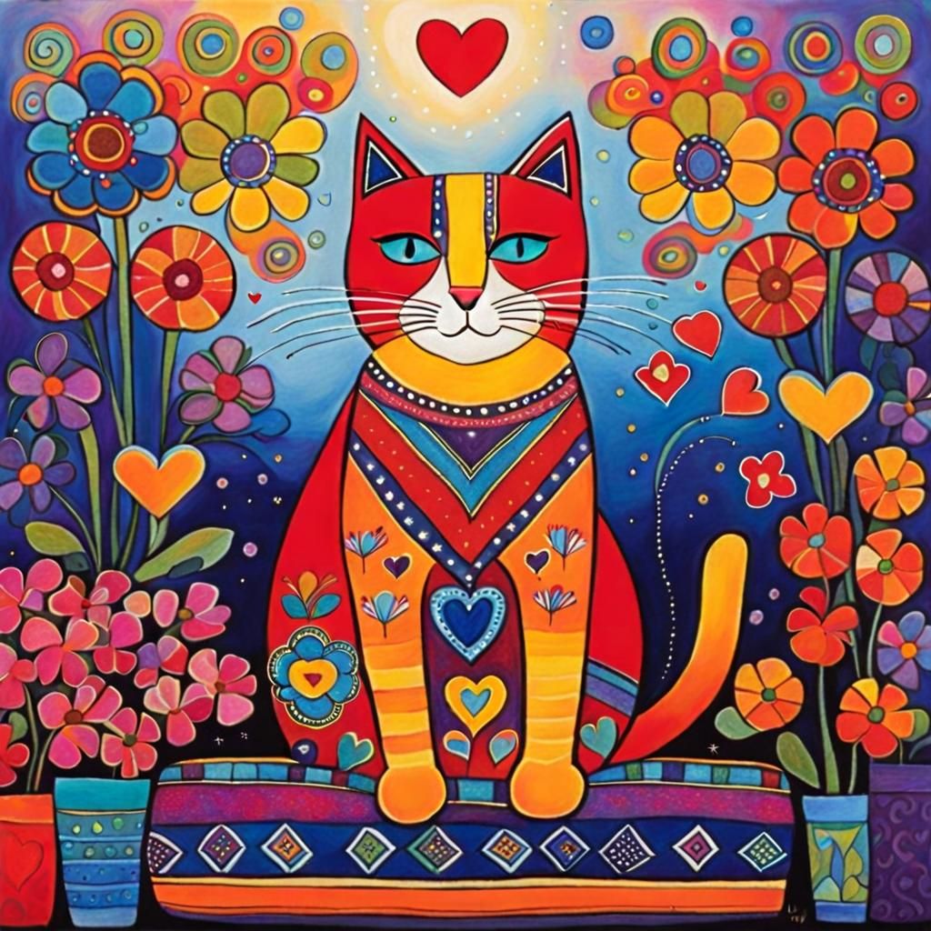 Colorful Cat with Flowers in Symbolic Style