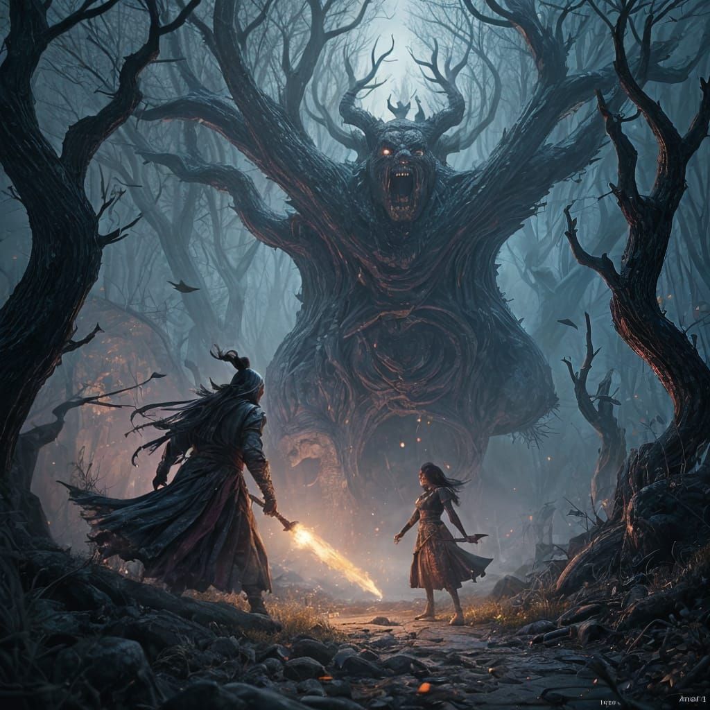 Kashchei vs Baba Yaga in Dark Fantasy Style