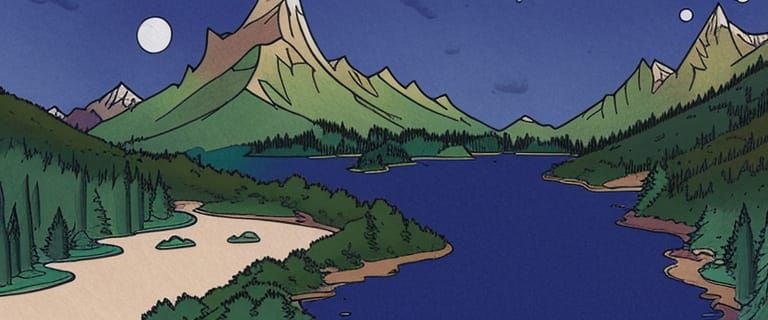 Watercolor Mountain Landscape in Cartoon Style