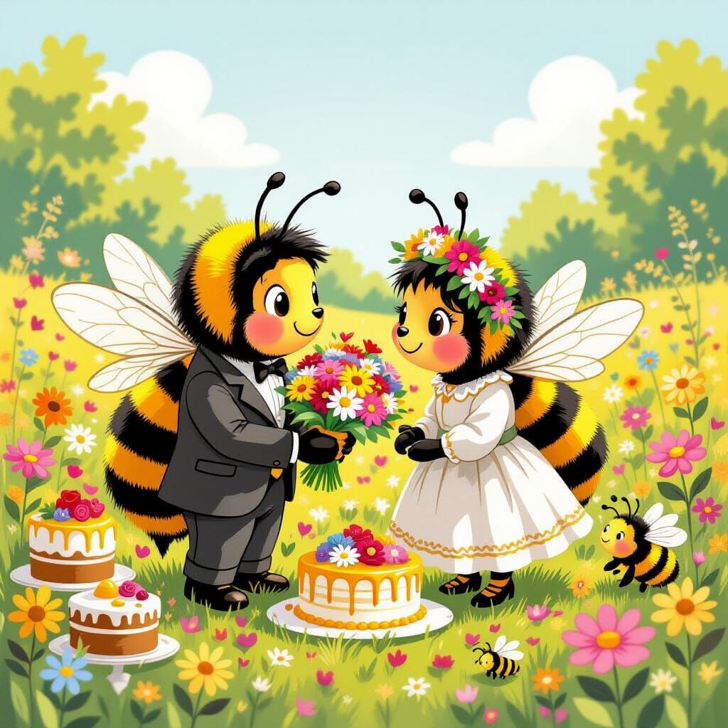 Bumblebee Proposal in Sunny Meadow, Whimsical Illustration