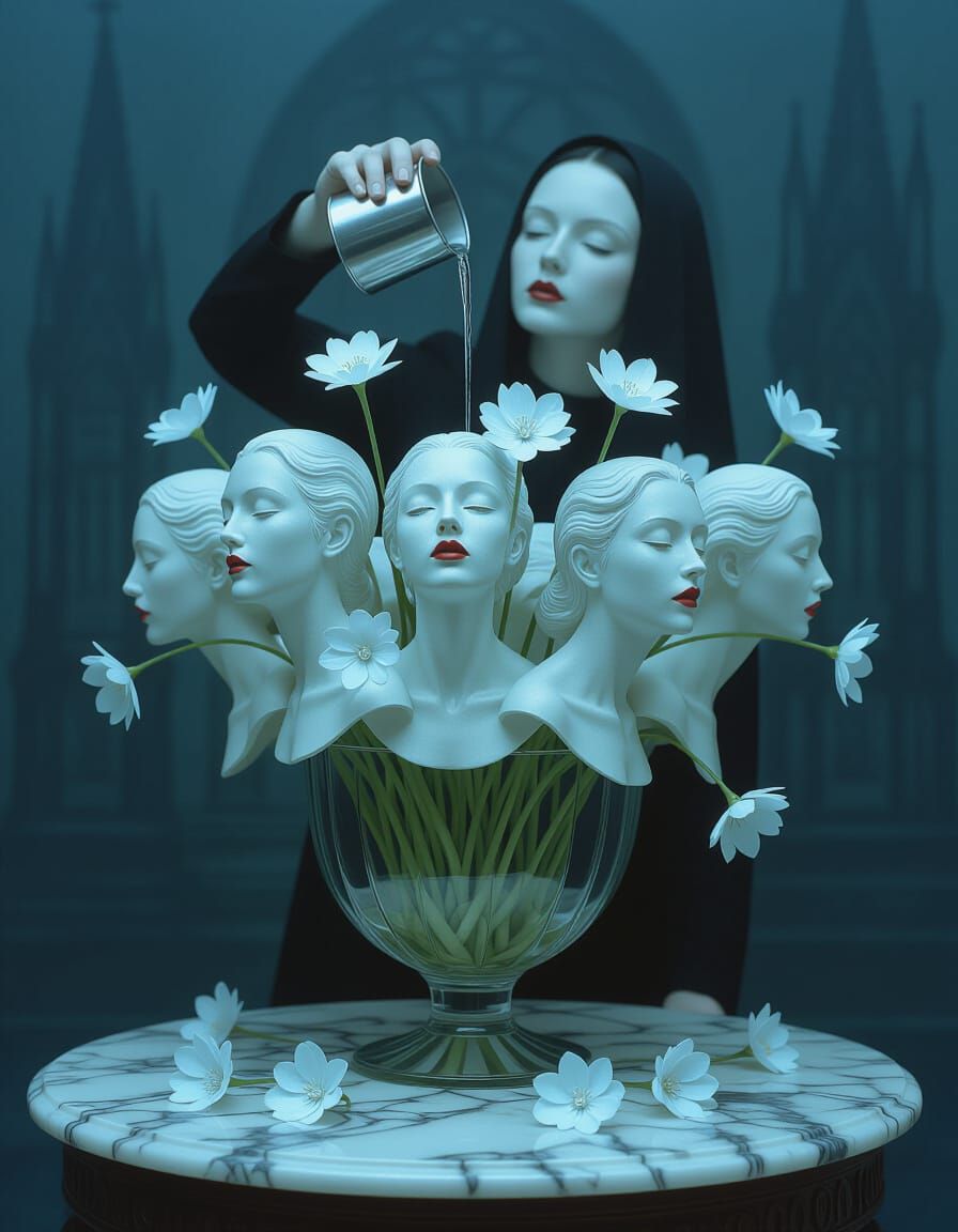 Surreal Macabre Dreamscape with Busts and Blossoming Water