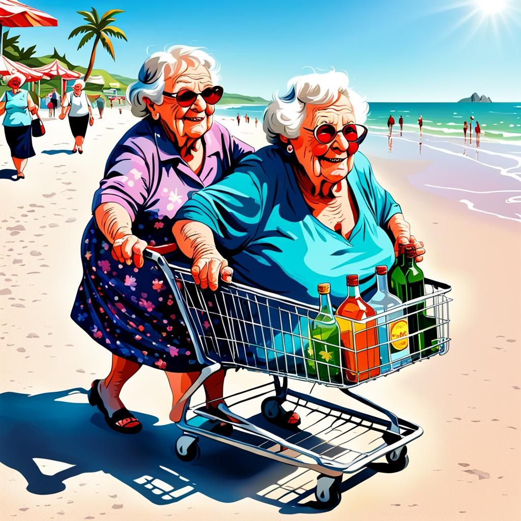 Cartoon Old bbw fat fun drunk elderly lady being pushed in a...