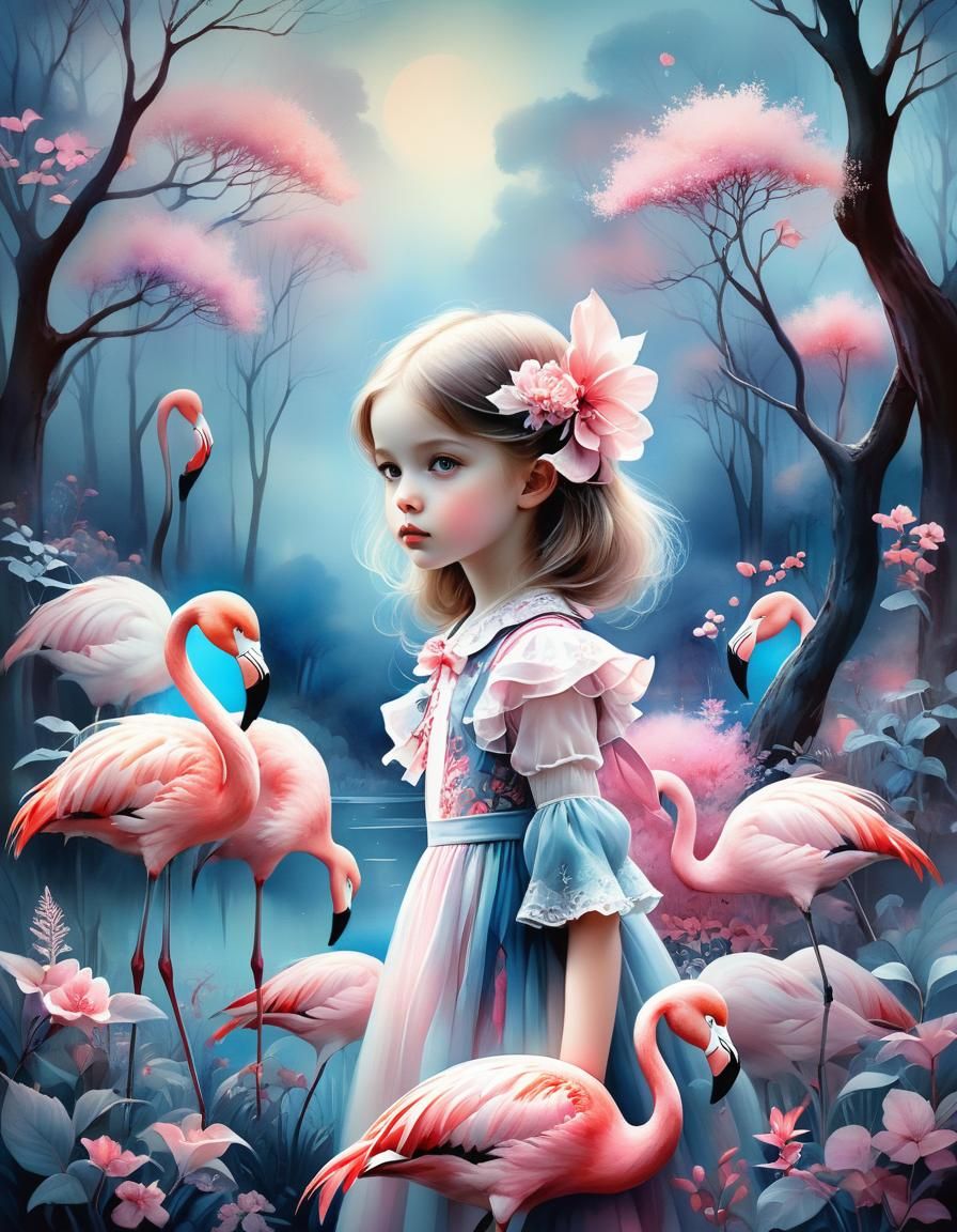 Child in Pink Trees: Watercolor Cinematic Lighting