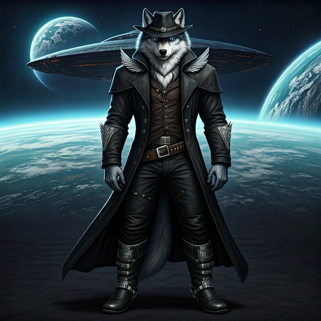 Cyberpunk Alien Wolf in Distressed Coat and Gambler Hat