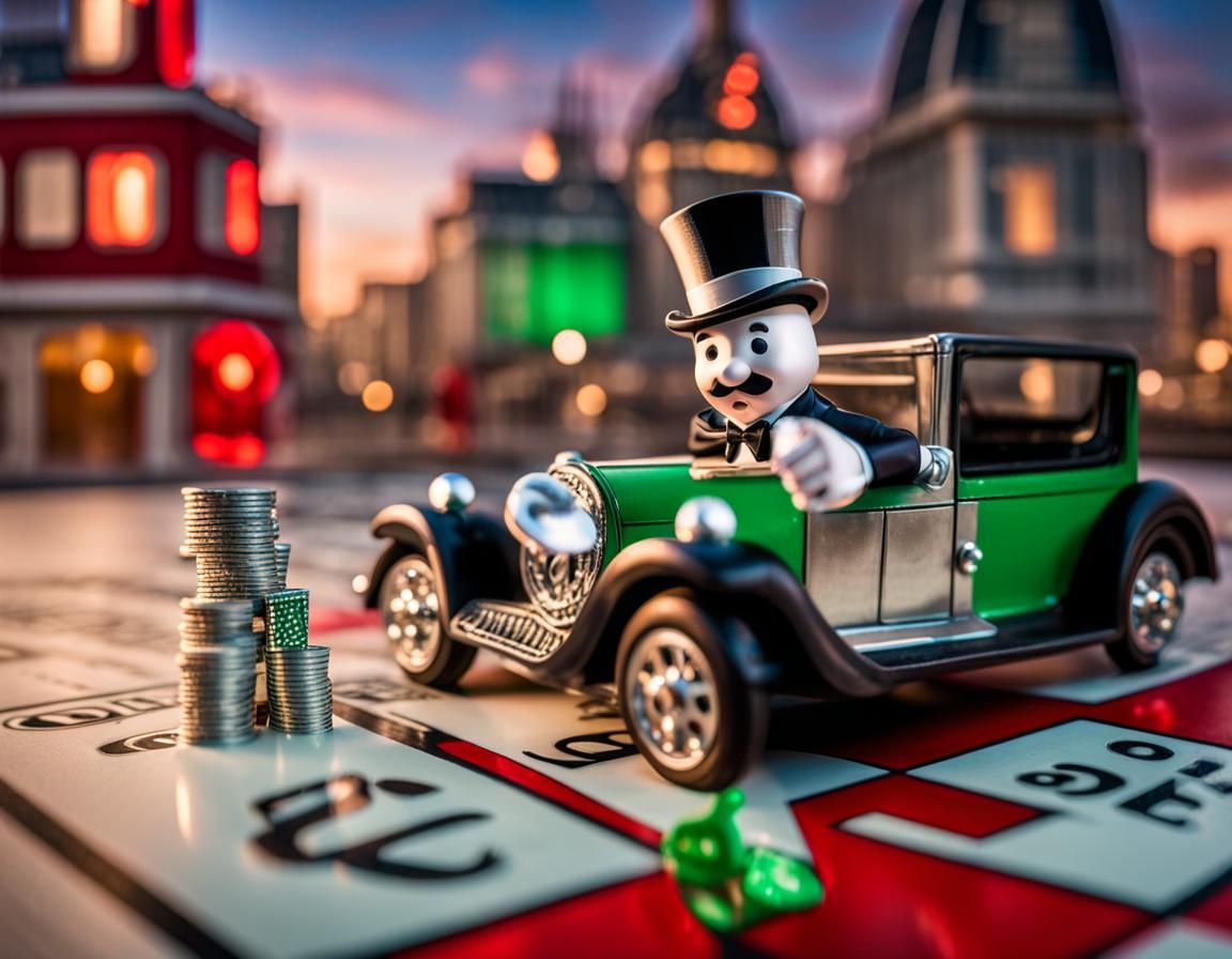 Monopoly Man with Silver Game Pieces at Magic Hour