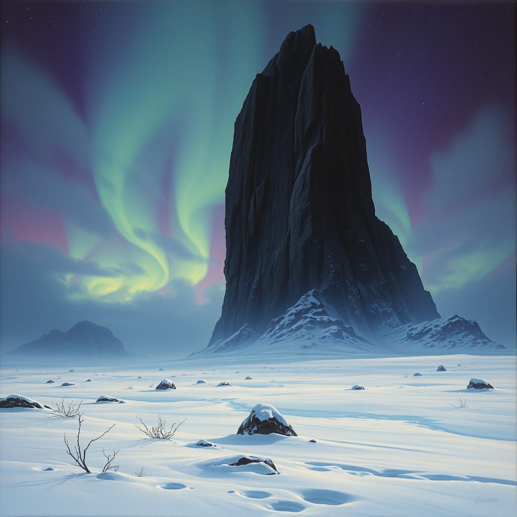 Fantasy Tundra Landscape with Monolithic Rock