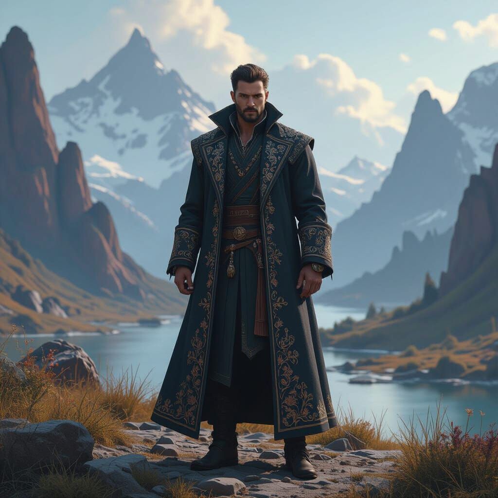 Resolute Man in Embroidered Coat Against Fantasy Landscape