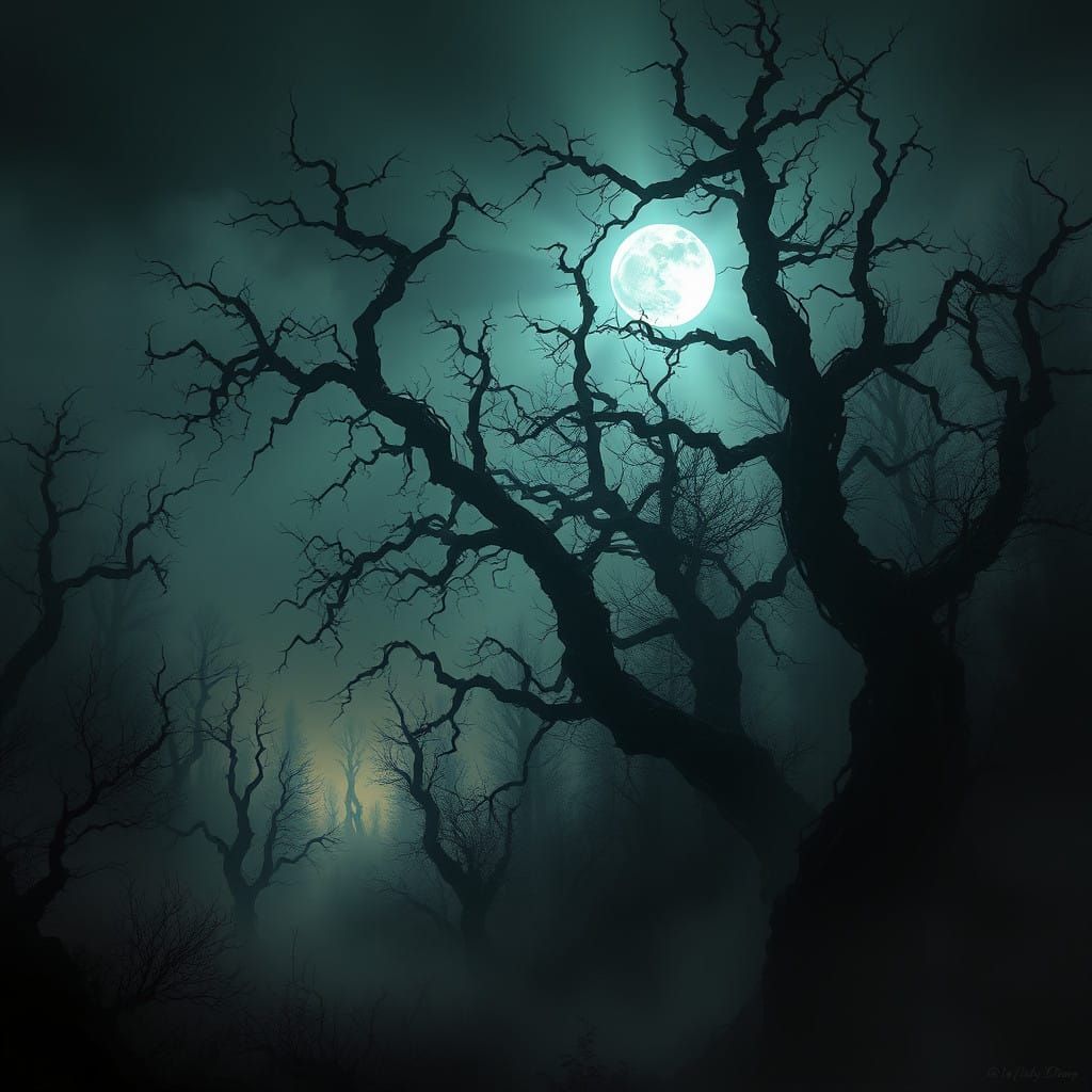 Mysterious, Moonlit Forest Landscape in a Dark, Haunting Sty...
