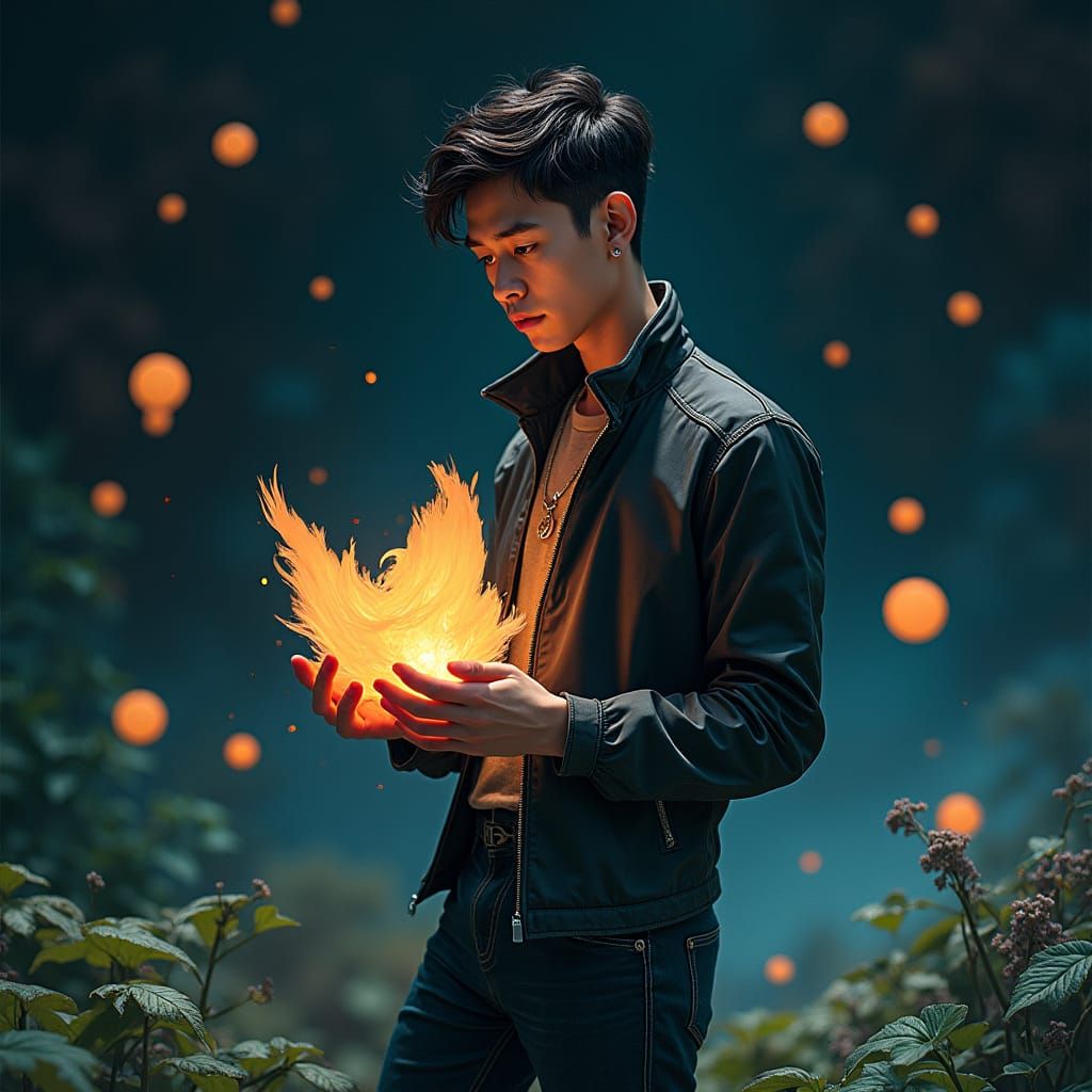 Sleek Man Holding Blurred Object in Dreamlike Fantasy Art