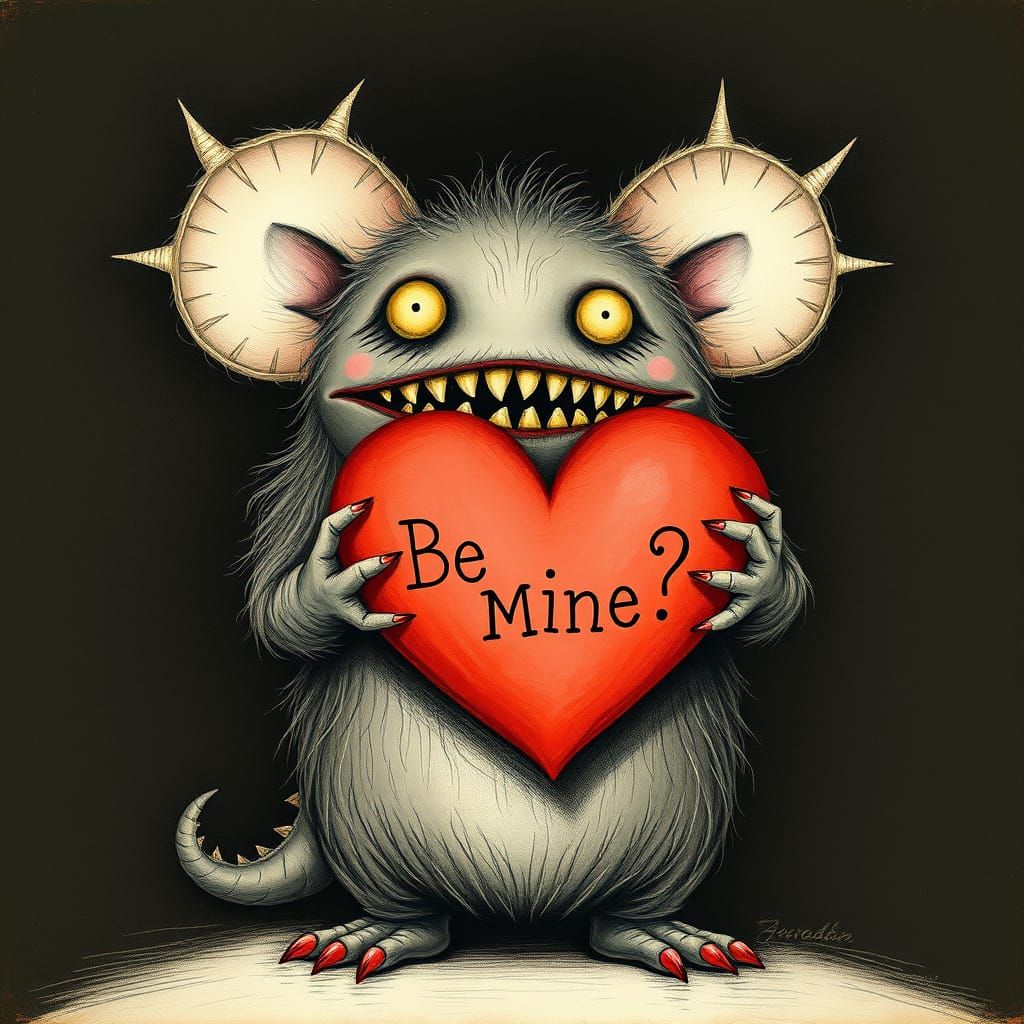 Whimsical Valentine Monster in a Dark Pop Art Style