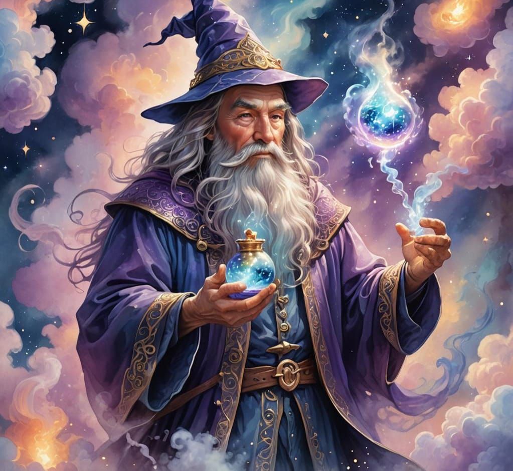 Enchanted Wizard Potion Transformation in Sparkling Realm
