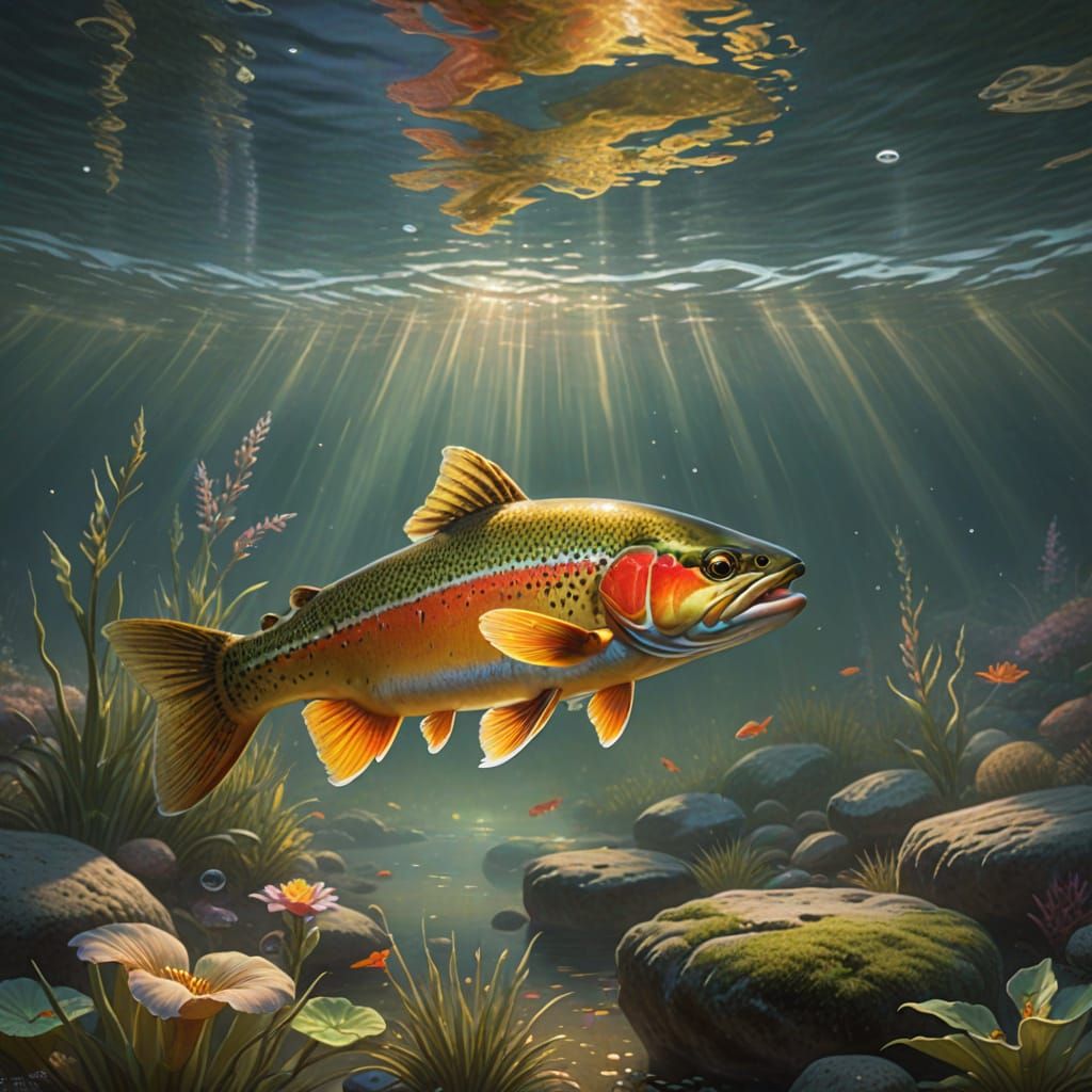 Golden Trout in Serene Lake: Fantasy Art